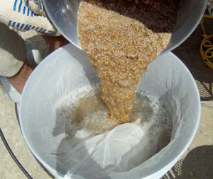 After the mash rest, the mash is poured into the sparge water in the bag-lined kettle.