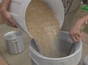 Pouring in 20 pounds of grain to get the process started.